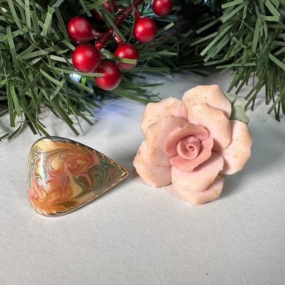 Mismatched Vintage Earrings: Clay Rose + Pink/Green Swirl Teardrop Earrings - Picture 1 of 14